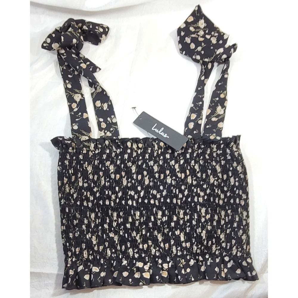 Lulus Major Crush Black Floral Print Smocked Tie-Strap Crop Top - Small